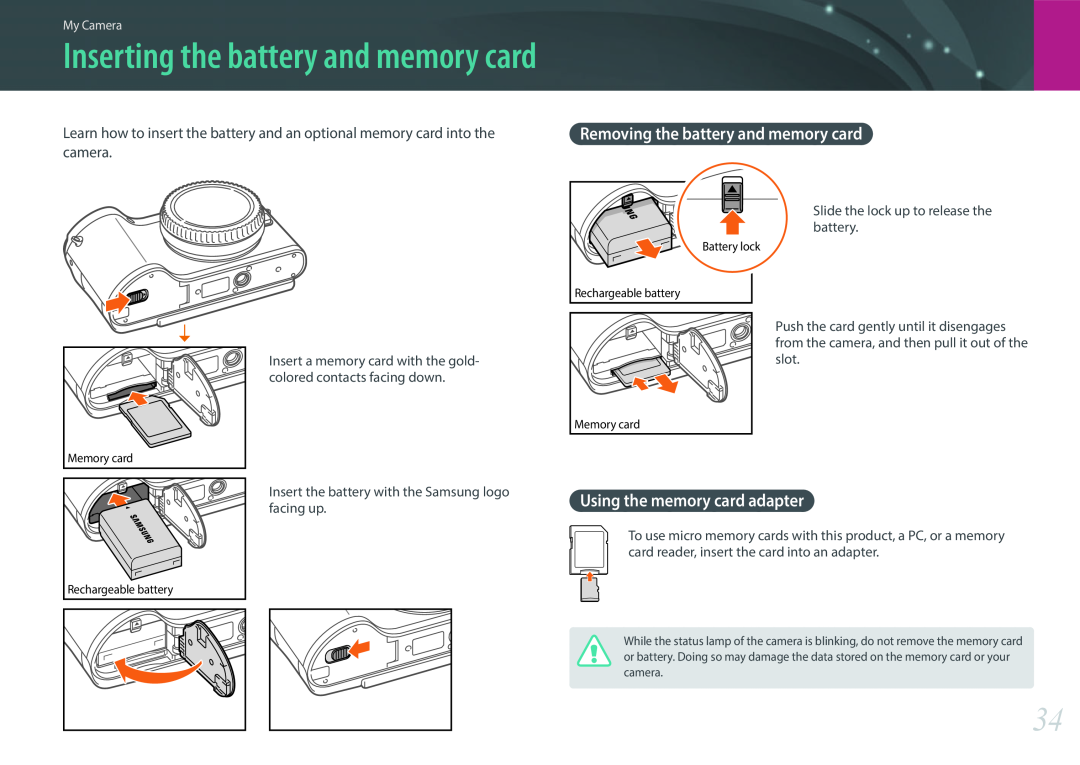 Samsung EV-NX300MBSTRU, EV-NX300MBQUDE manual Removing the battery and memory card, Inserting the battery and memory card 