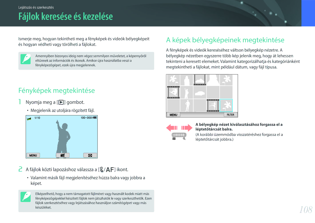 Samsung EV-NX300MBSTDE manual Fájlok keresése és kezelése, 108, Képek bélyegképeinek megtekintése, Fényképek megtekintése 