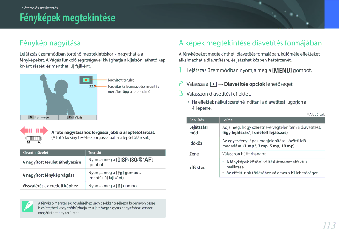 Samsung EV-NX300MBQUDE manual Fényképek megtekintése, 113, Fénykép nagyítása, Képek megtekintése diavetítés formájában 