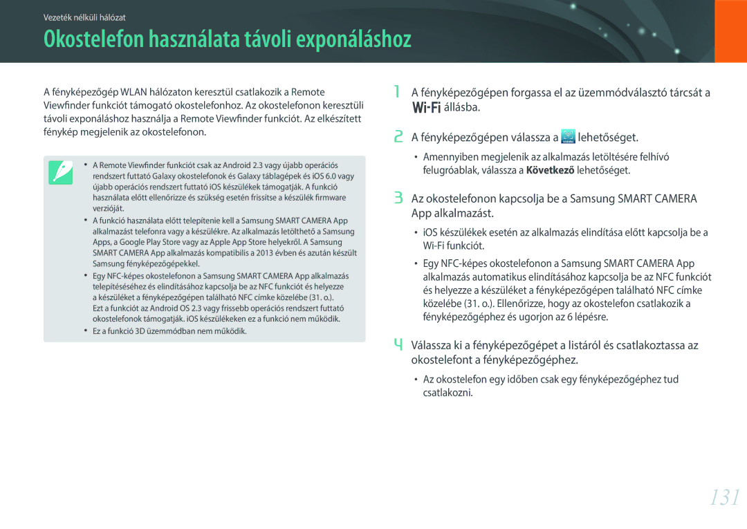 Samsung EV-NX300MBQUDE, EV-NX300MBSTDE, EV-NX300MBSVDE manual Okostelefon használata távoli exponáláshoz, 131 