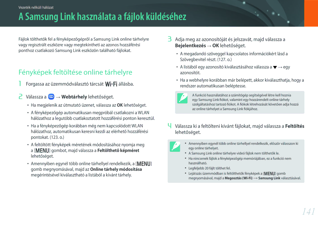 Samsung EV-NX300MBSTDE manual Samsung Link használata a fájlok küldéséhez, 141, Fényképek feltöltése online tárhelyre 