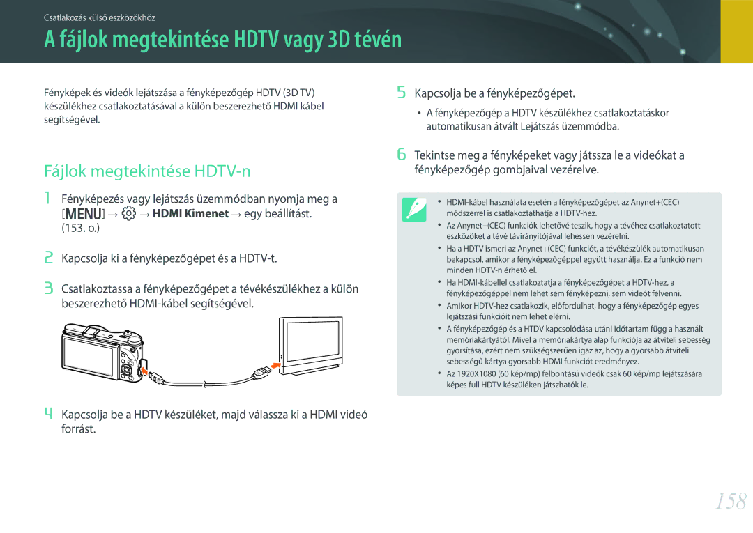 Samsung EV-NX300MBQUDE, EV-NX300MBSTDE manual Fájlok megtekintése Hdtv vagy 3D tévén, 158, Fájlok megtekintése HDTV-n 