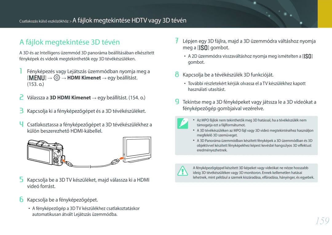 Samsung EV-NX300MBSTDE, EV-NX300MBQUDE manual 159, Fájlok megtekintése 3D tévén, Kapcsolja be a tévékészülék 3D funkcióját 