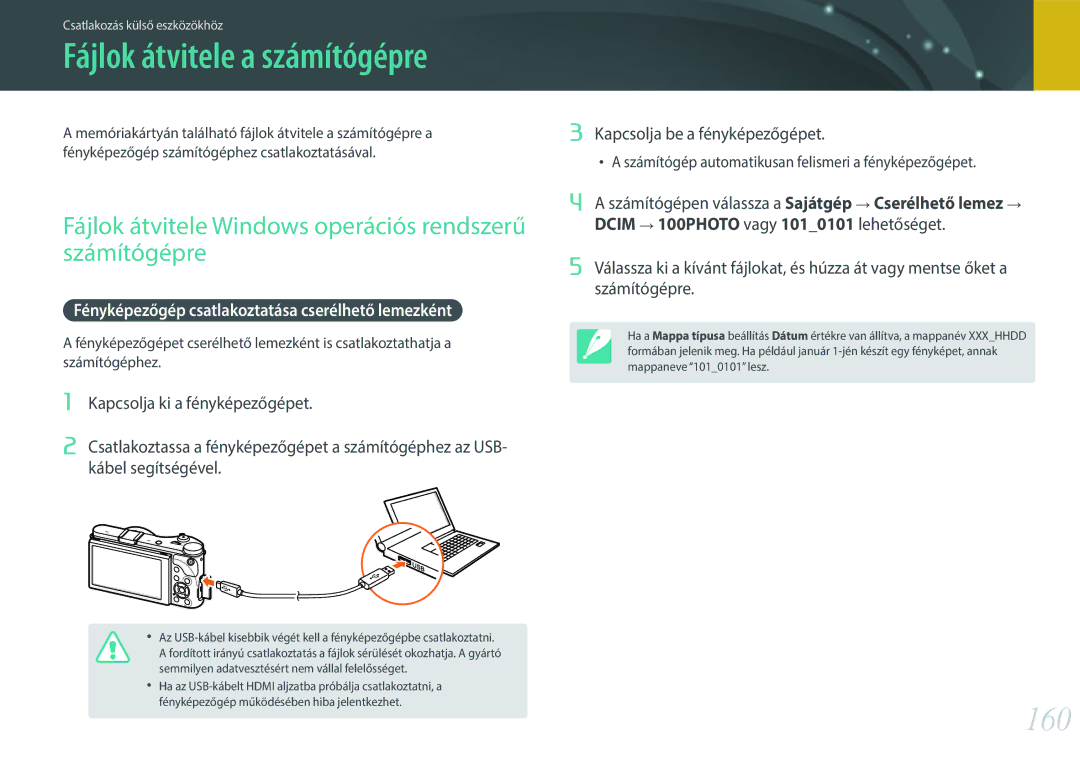 Samsung EV-NX300MBSVDE, EV-NX300MBQUDE, EV-NX300MBSTDE manual 160, Fájlok átvitele Windows operációs rendszerű számítógépre 