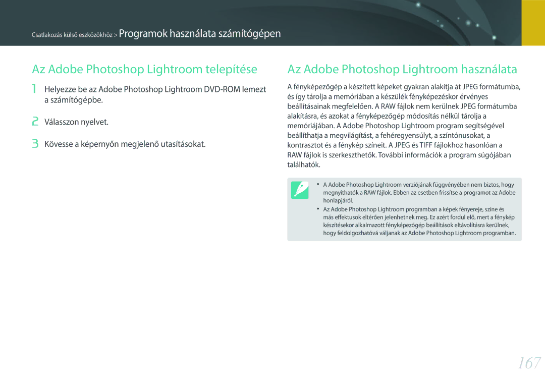 Samsung EV-NX300MBQUDE manual 167, Az Adobe Photoshop Lightroom telepítése, Az Adobe Photoshop Lightroom használata 