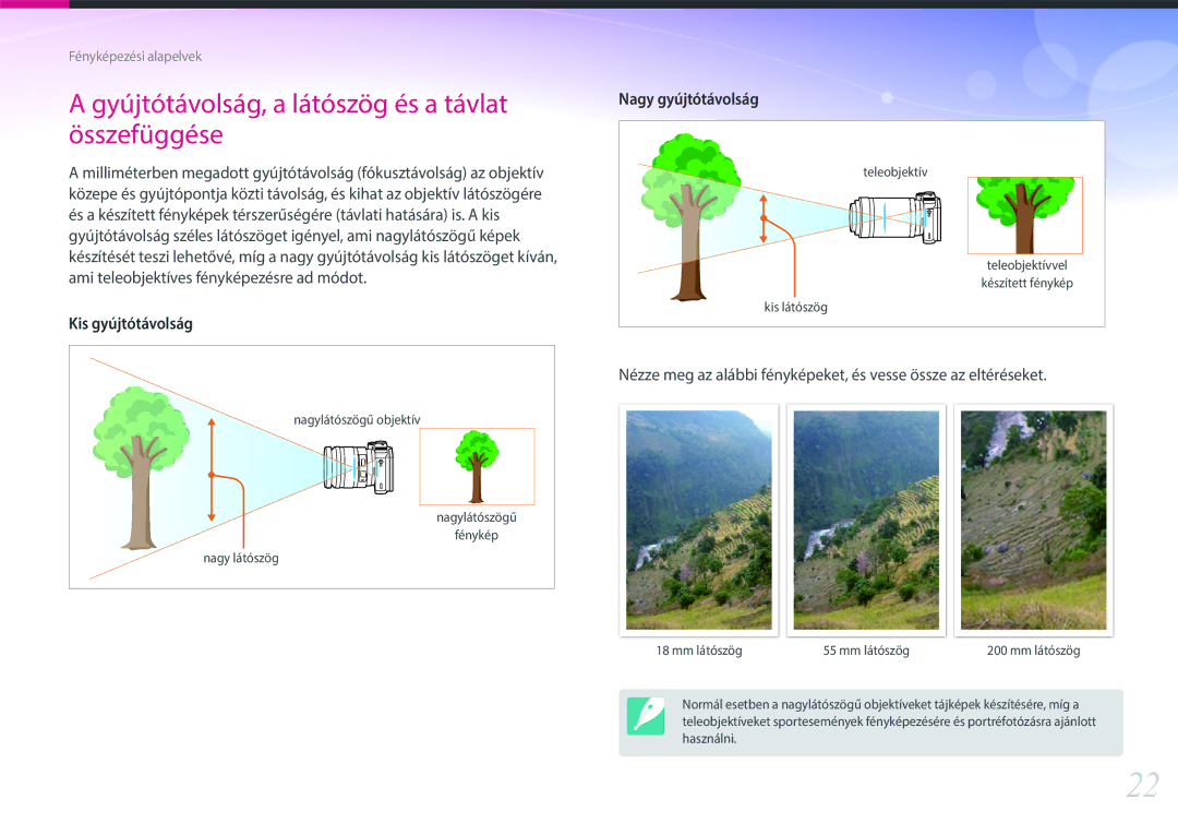 Samsung EV-NX300MBSVDE, EV-NX300MBQUDE, EV-NX300MBSTDE manual Gyújtótávolság, a látószög és a távlat összefüggése 