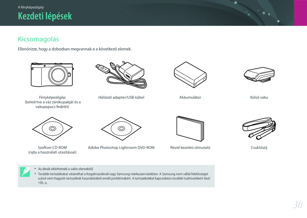 Samsung EV-NX300MBSTDE manual Kezdeti lépések, Kicsomagolás, Ellenőrizze, hogy a dobozban megvannak-e a következő elemek 