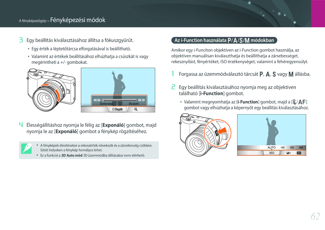 Samsung EV-NX300MBQUDE Egy beállítás kiválasztásához állítsa a fókuszgyűrűt, Az i-Function használata P/A/S/M módokban 