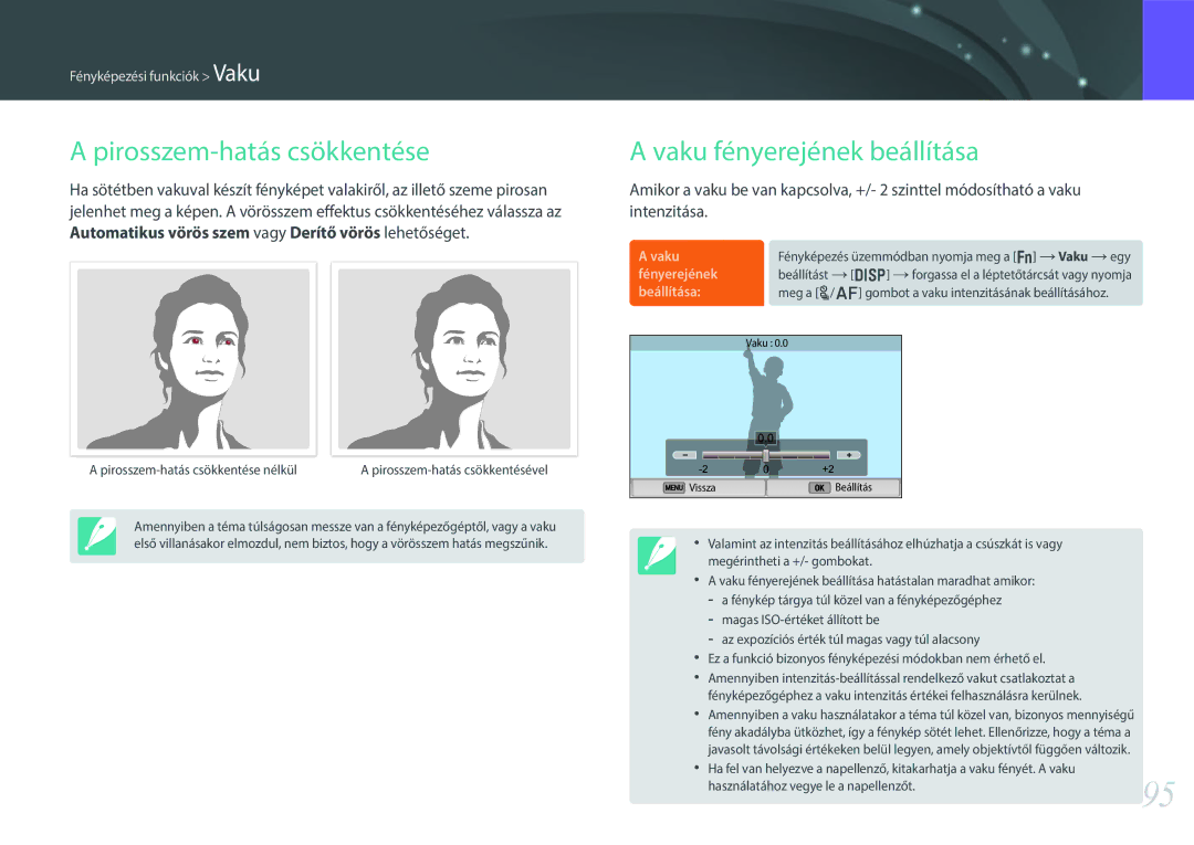 Samsung EV-NX300MBQUDE, EV-NX300MBSTDE, EV-NX300MBSVDE manual Pirosszem-hatás csökkentése, Vaku fényerejének beállítása 