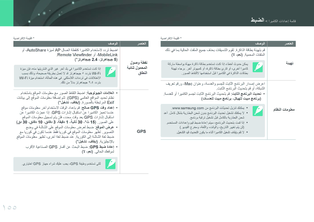 Samsung EV-NX300MBQUSA, EV-NX300MBQURU, EV-NX300MBPUSA manual 155, زترهاجيج 2.4 ،زترهاجيج لوصو ةطقن, قاطنلا, ماظنلا تامولعم 