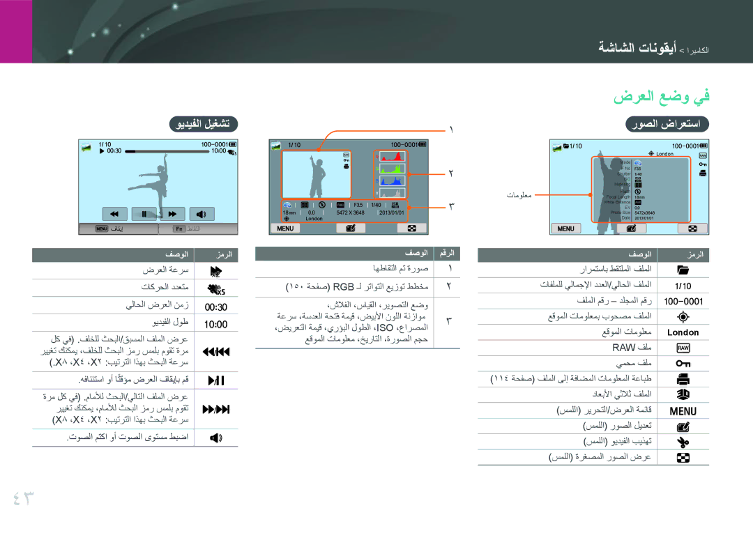 Samsung EV-NX300MBQURU, EV-NX300MBPUSA, EV-NX300MBQUSA, EV-NX300MBSVRU manual ضرعلا عضو يف, ويديفلا ليغشت, روصلا ضارعتسا 