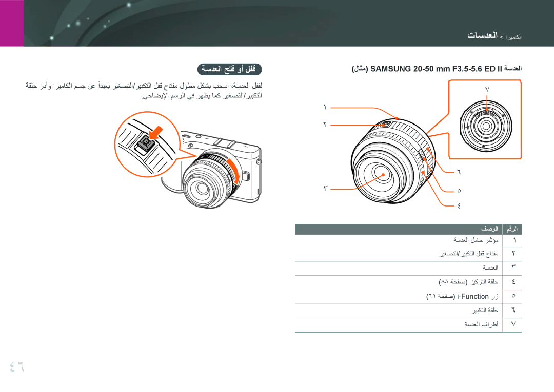 Samsung EV-NX300MBSVRU, EV-NX300MBQURU, EV-NX300MBPUSA manual ةسدعلا حتف وأ لفق, لاثم Samsung 20-50 mm F3.5-5.6 ED II ةسدعلا 