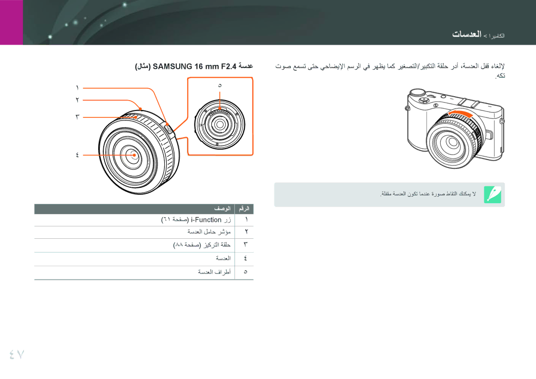 Samsung EV-NX300MBSTSA, EV-NX300MBQURU, EV-NX300MBPUSA, EV-NX300MBQUSA, EV-NX300MBSVRU manual لاثم Samsung 16 mm F2.4 ةسدع 