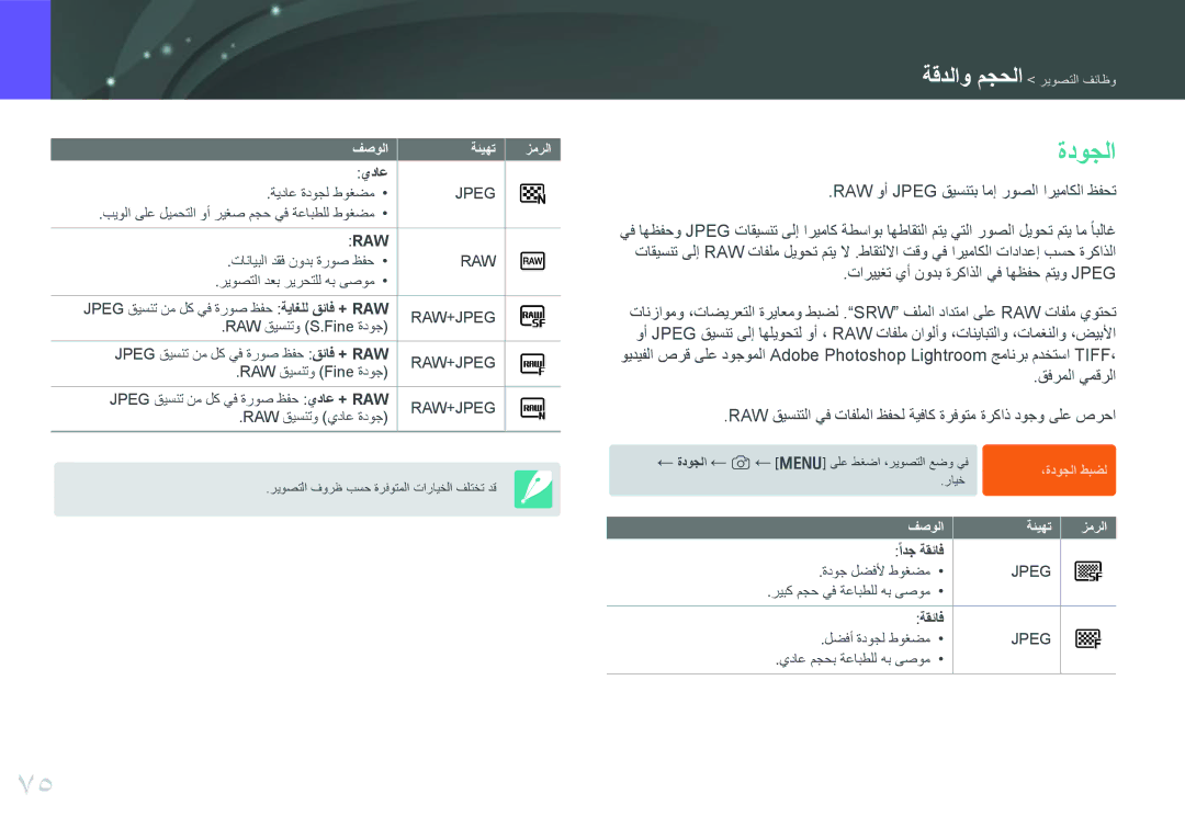 Samsung EV-NX300MBUVSA, EV-NX300MBQURU, EV-NX300MBPUSA manual ةدوجلا, RAW وأ Jpeg قيسنتب امإ روصلا اريماكلا ظفحت, يداع, ةقئاف 