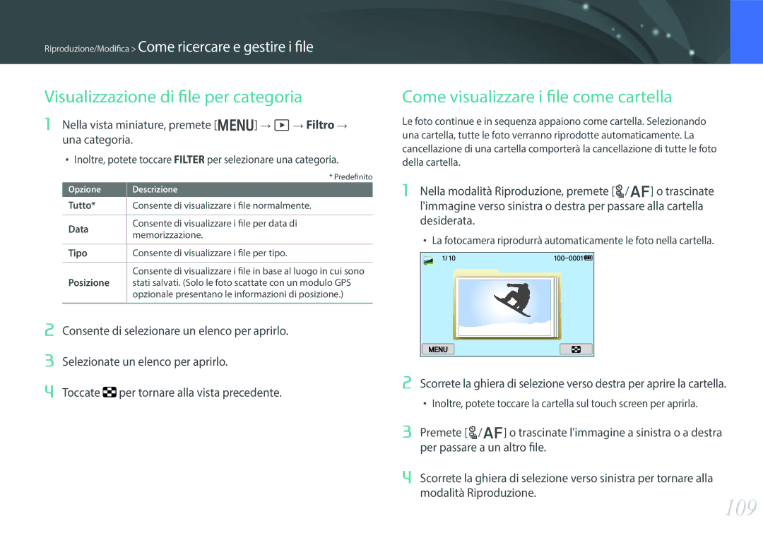 Samsung EV-NX300MBSVDE, EV-NX300MBSTTR manual Visualizzazione di file per categoria, Come visualizzare i file come cartella 