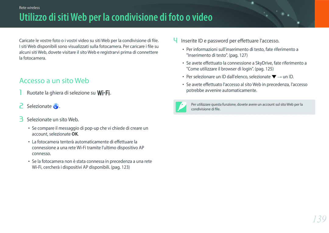 Samsung EV-NX300MBSVDE manual Utilizzo di siti Web per la condivisione di foto o video, 139, Accesso a un sito Web 