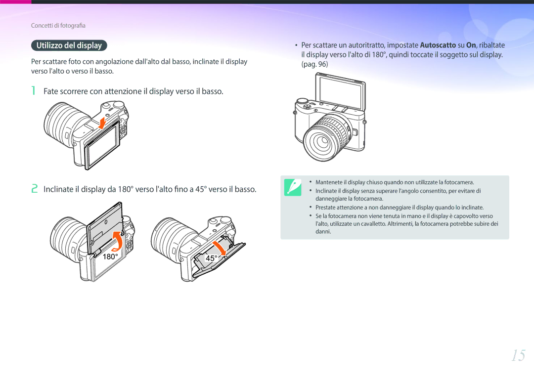 Samsung EV-NX300MBSVDE, EV-NX300MBSTTR manual Utilizzo del display, Fate scorrere con attenzione il display verso il basso 