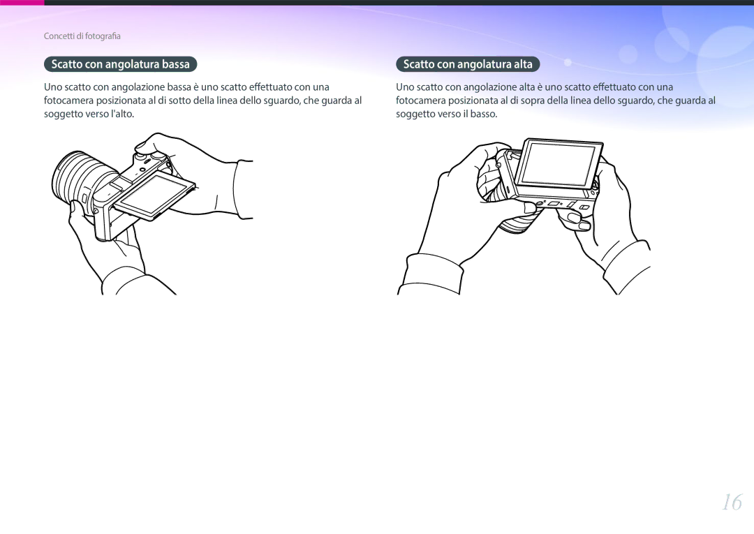 Samsung EV-NX300MBSTTR, EV-NX300MBSVDE manual Scatto con angolatura bassa, Scatto con angolatura alta 