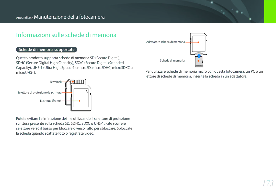 Samsung EV-NX300MBSVDE, EV-NX300MBSTTR manual 173, Informazioni sulle schede di memoria, Schede di memoria supportate 