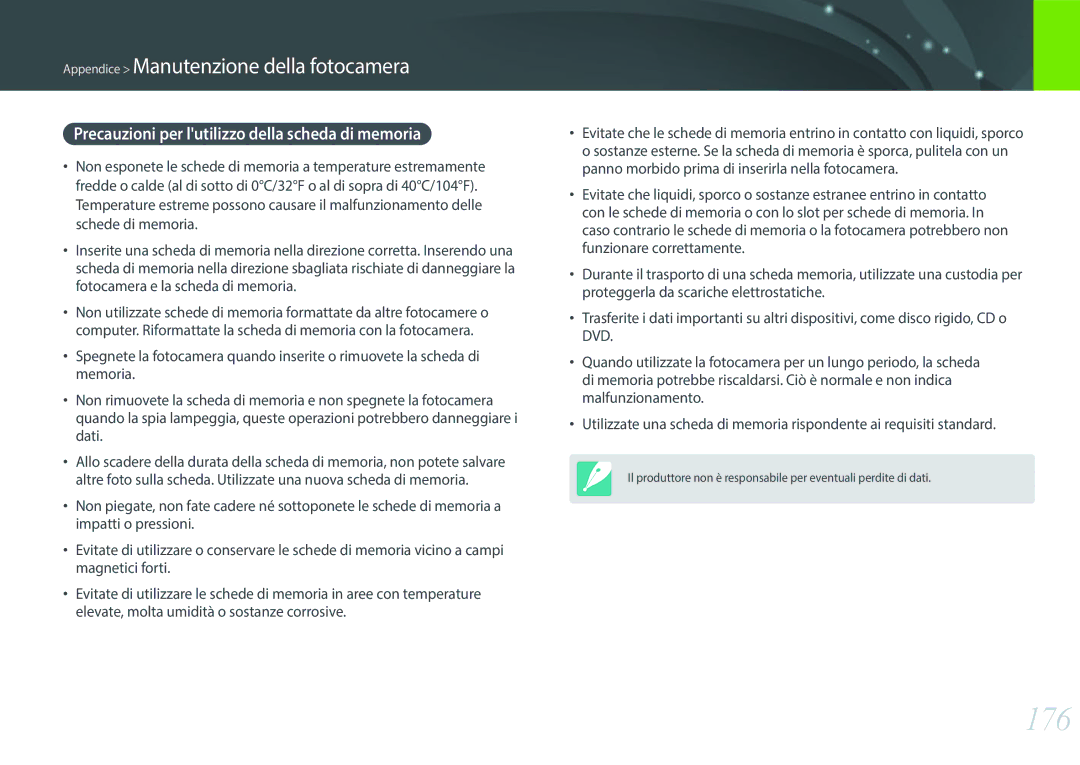 Samsung EV-NX300MBSTTR, EV-NX300MBSVDE manual 176, Precauzioni per lutilizzo della scheda di memoria 