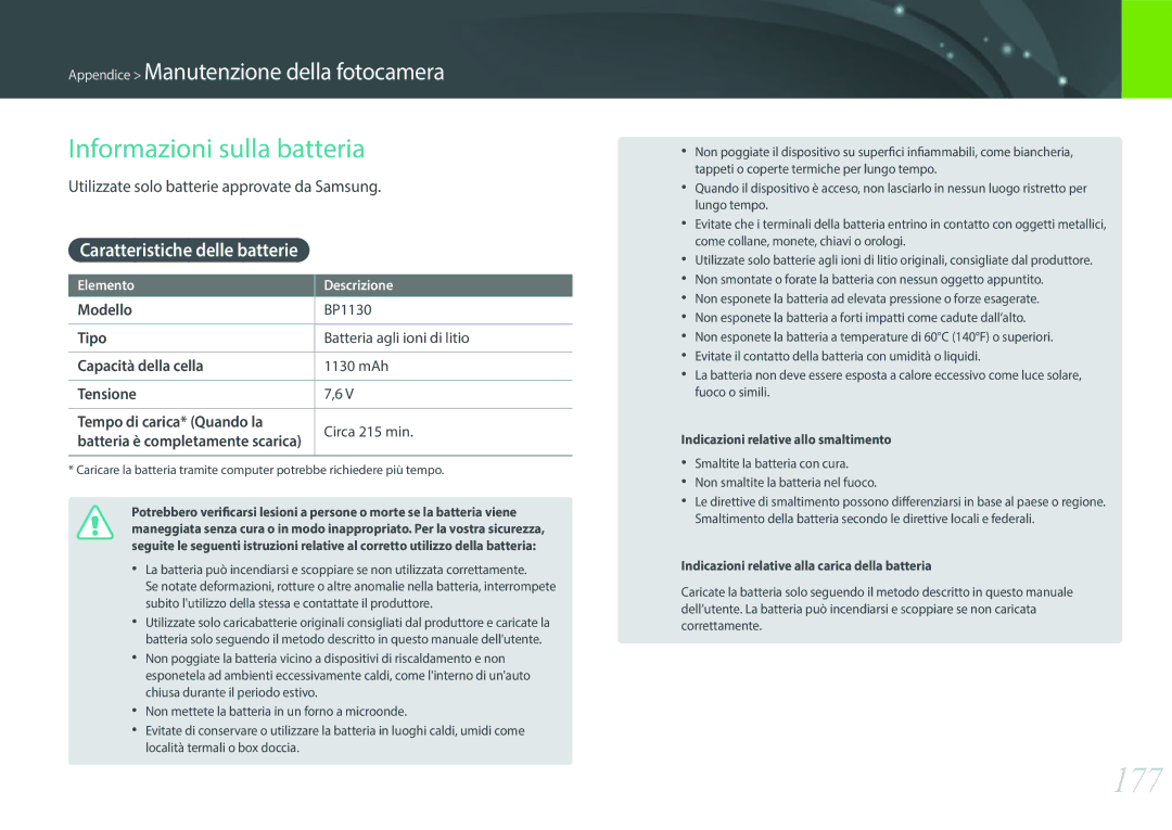 Samsung EV-NX300MBSVDE, EV-NX300MBSTTR manual 177, Informazioni sulla batteria, Caratteristiche delle batterie 