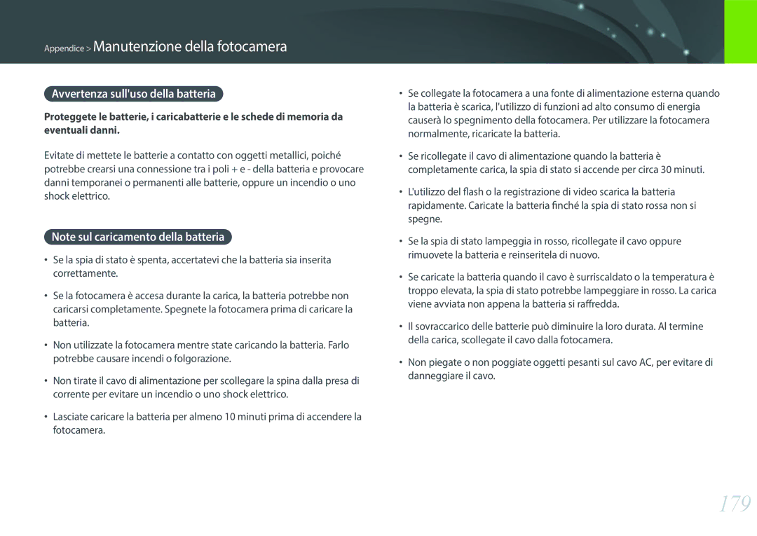 Samsung EV-NX300MBSVDE, EV-NX300MBSTTR manual 179, Avvertenza sulluso della batteria 