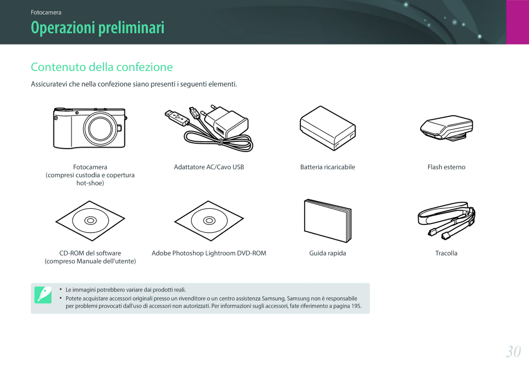 Samsung EV-NX300MBSTTR Operazioni preliminari, Contenuto della confezione, Adattatore AC/Cavo USB Batteria ricaricabile 