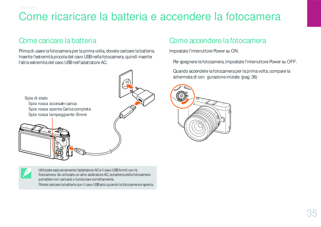 Samsung EV-NX300MBSVDE, EV-NX300MBSTTR Come ricaricare la batteria e accendere la fotocamera, Come caricare la batteria 