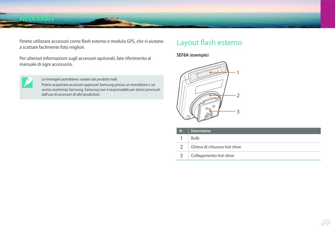 Samsung EV-NX300MBSVDE manual Accessori, Layout flash esterno, Bulb Ghiera di chiusura hot-shoe Collegamento hot-shoe 