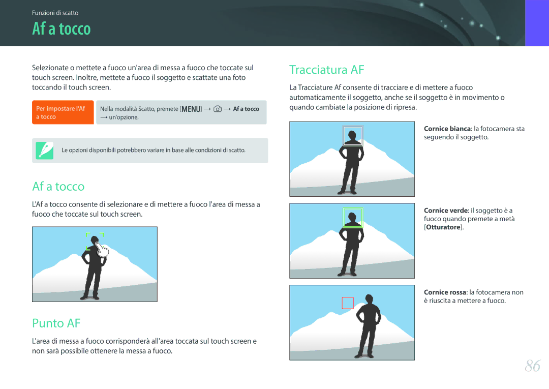Samsung EV-NX300MBSTTR, EV-NX300MBSVDE manual Af a tocco, Punto AF, Tracciatura AF 