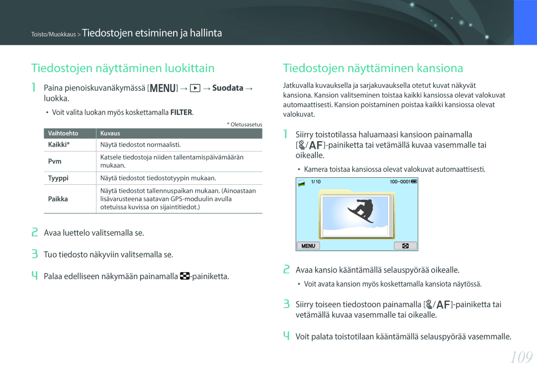 Samsung EV-NX300MBQUSE, EV-NX300MBSVSE manual 109, Tiedostojen näyttäminen luokittain, Tiedostojen näyttäminen kansiona 