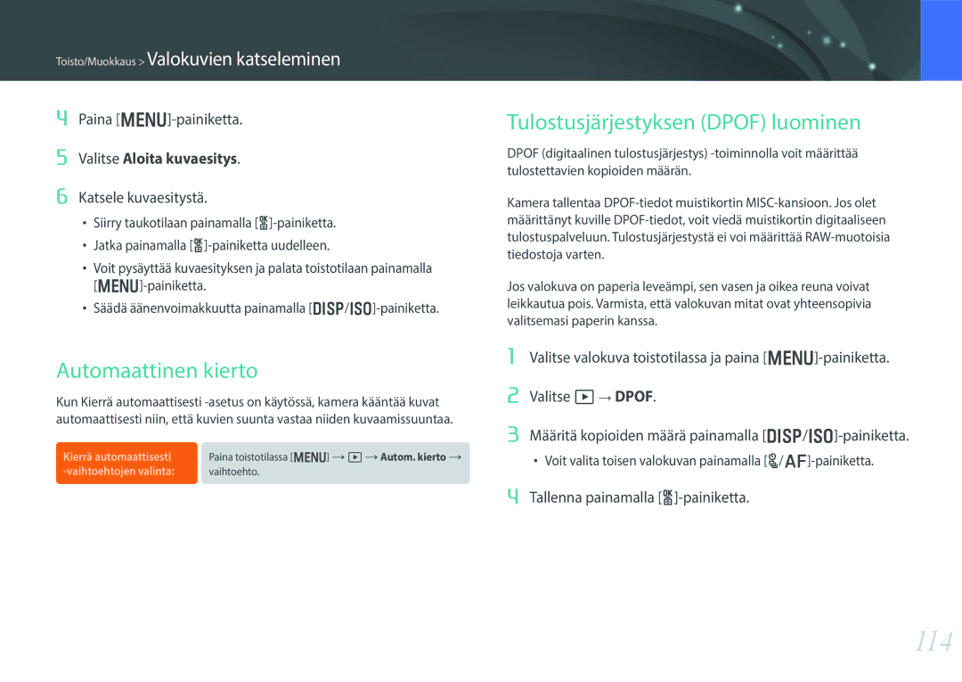 Samsung EV-NX300MBSTSE, EV-NX300MBSVSE, EV-NX300MBQUSE manual 114, Automaattinen kierto, Tulostusjärjestyksen Dpof luominen 