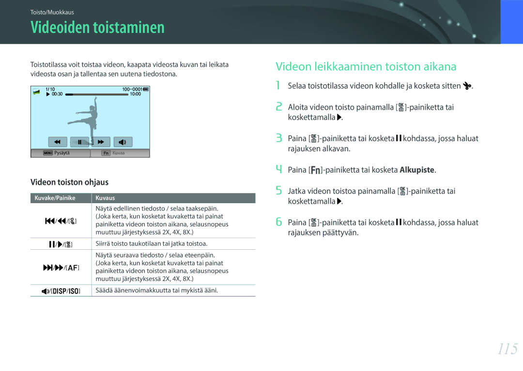 Samsung EV-NX300MBQUSE manual Videoiden toistaminen, 115, Videon leikkaaminen toiston aikana, Videon toiston ohjaus 