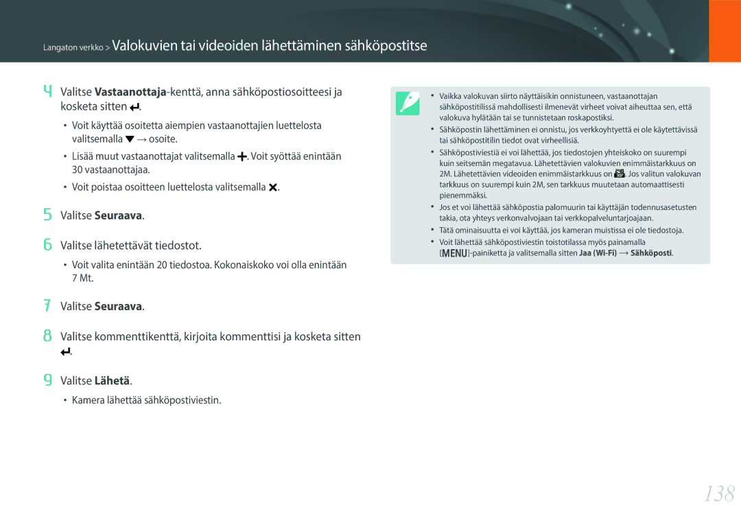 Samsung EV-NX300MBSTSE, EV-NX300MBSVSE, EV-NX300MBQUSE manual 138, Valitse Seuraava Valitse lähetettävät tiedostot 