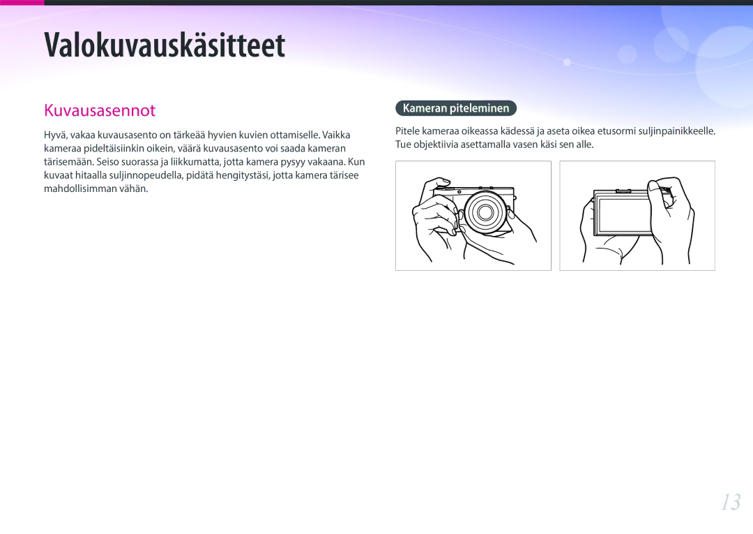 Samsung EV-NX300MBQUSE, EV-NX300MBSVSE, EV-NX300MBSTSE manual Valokuvauskäsitteet, Kameran piteleminen 