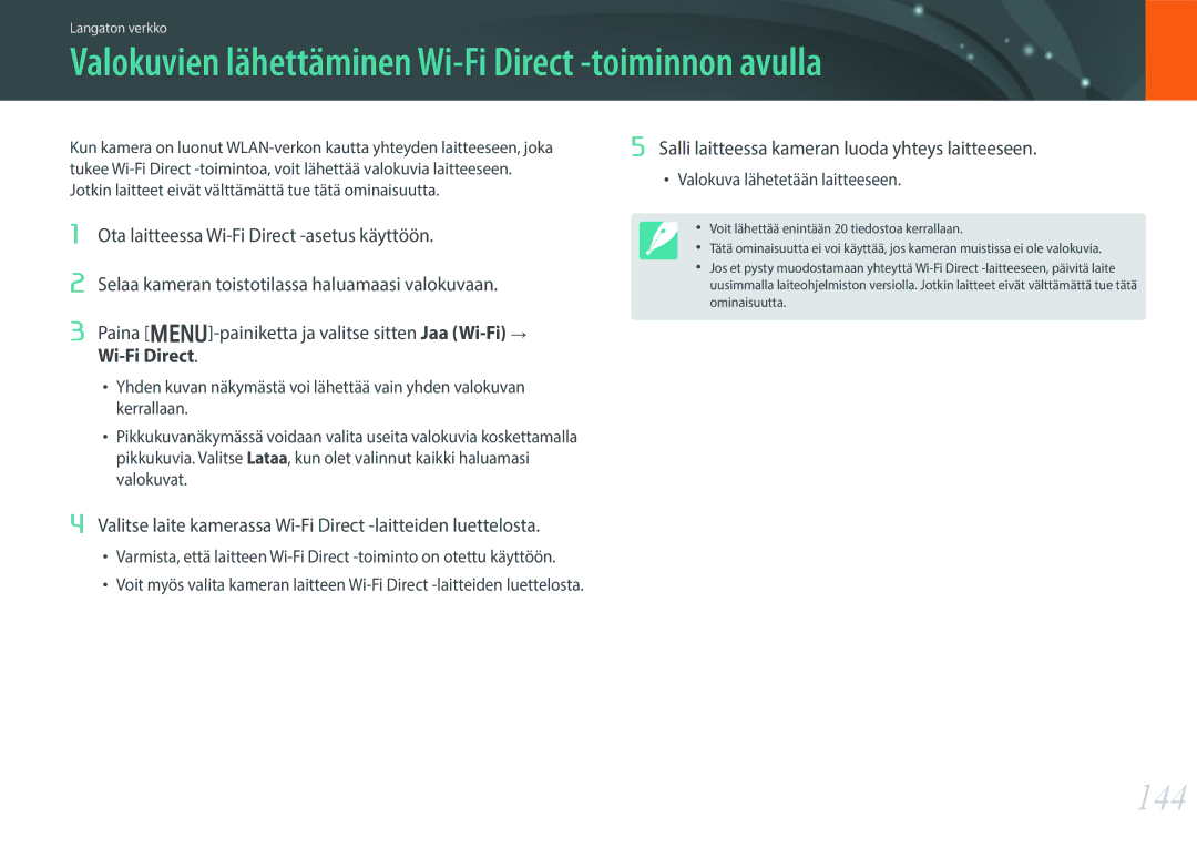 Samsung EV-NX300MBSTSE, EV-NX300MBSVSE, EV-NX300MBQUSE manual Valokuvien lähettäminen Wi-Fi Direct -toiminnon avulla, 144 