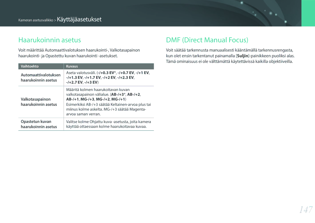 Samsung EV-NX300MBSTSE, EV-NX300MBSVSE, EV-NX300MBQUSE manual 147, Haarukoinnin asetus, DMF Direct Manual Focus 