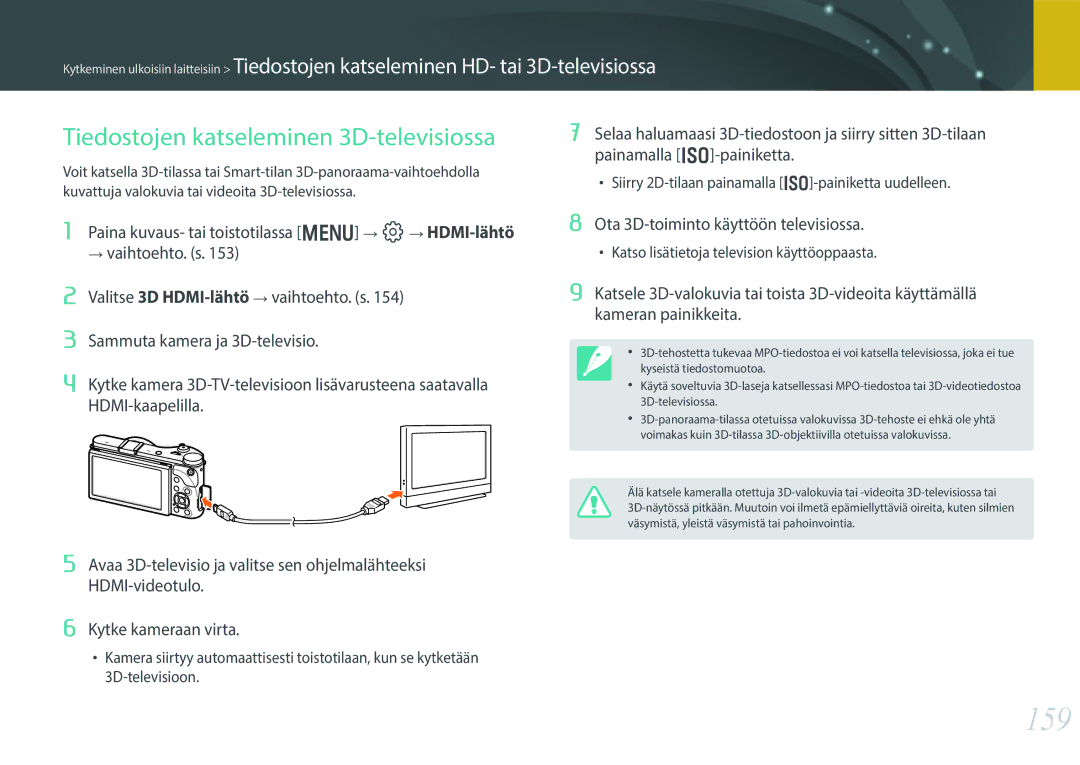 Samsung EV-NX300MBSTSE, EV-NX300MBSVSE, EV-NX300MBQUSE manual 159, Tiedostojen katseleminen 3D-televisiossa 