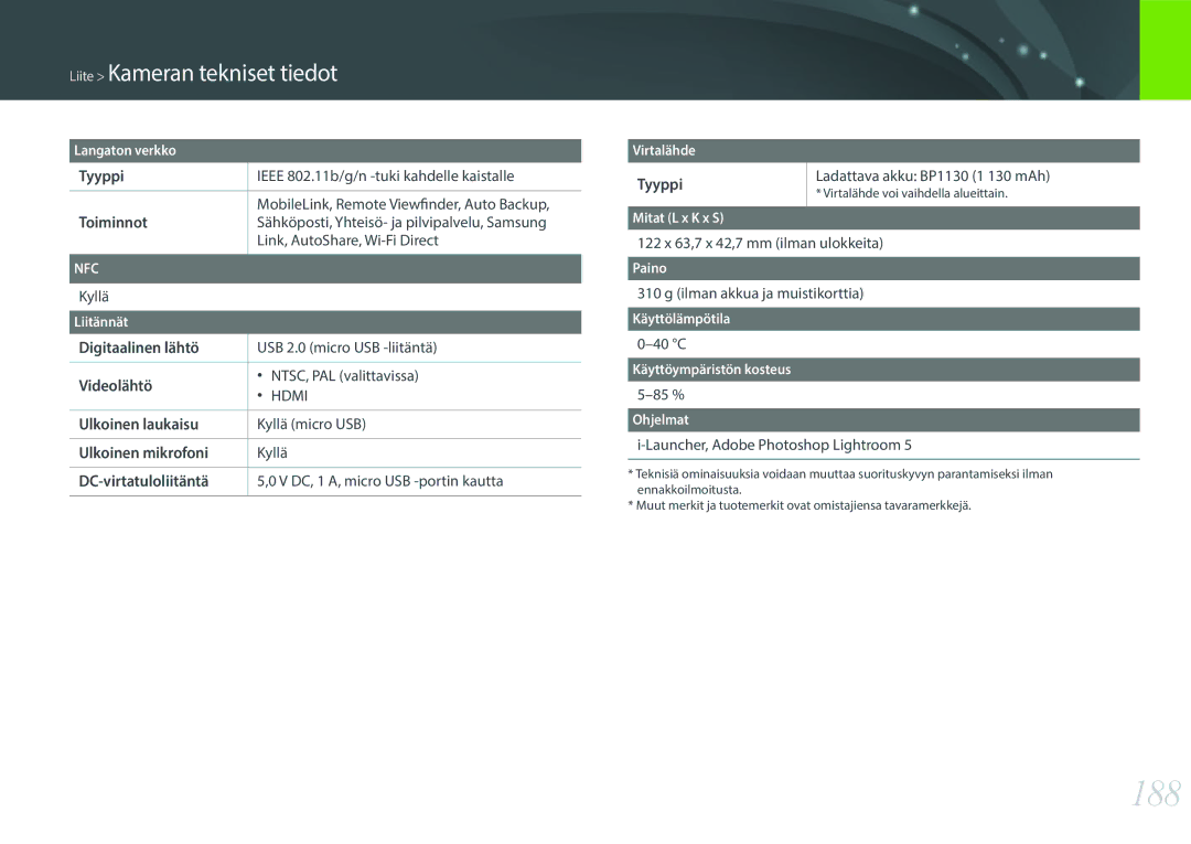 Samsung EV-NX300MBSVSE, EV-NX300MBSTSE, EV-NX300MBQUSE manual 188 