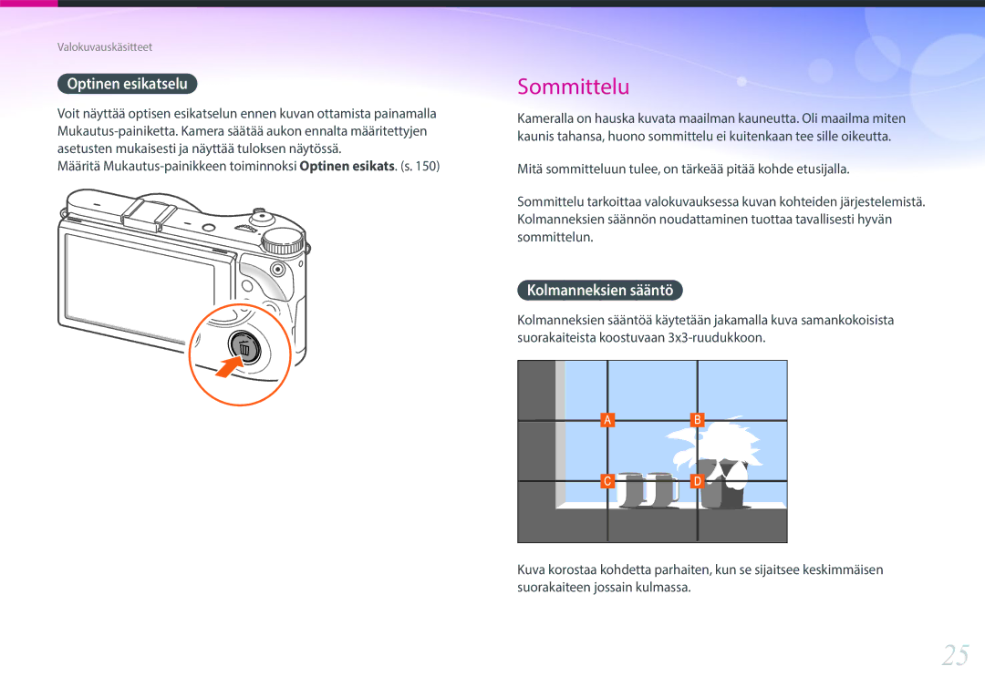 Samsung EV-NX300MBQUSE, EV-NX300MBSVSE, EV-NX300MBSTSE manual Optinen esikatselu, Kolmanneksien sääntö 