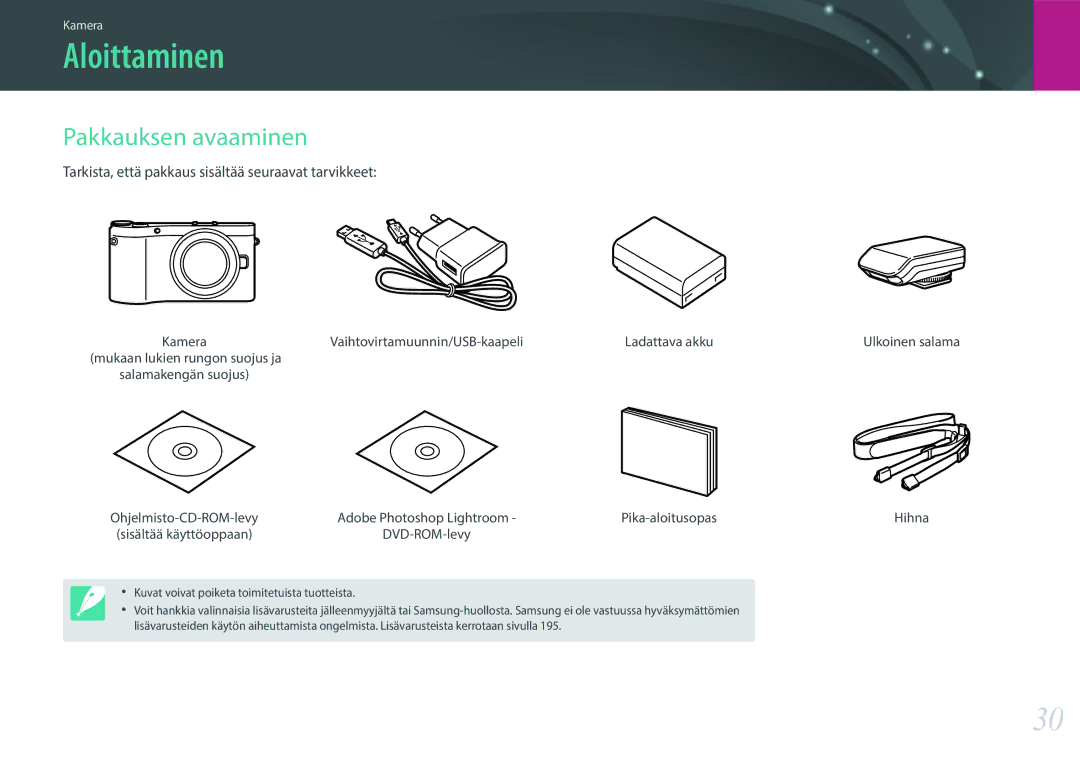 Samsung EV-NX300MBSTSE manual Aloittaminen, Pakkauksen avaaminen, Tarkista, että pakkaus sisältää seuraavat tarvikkeet 