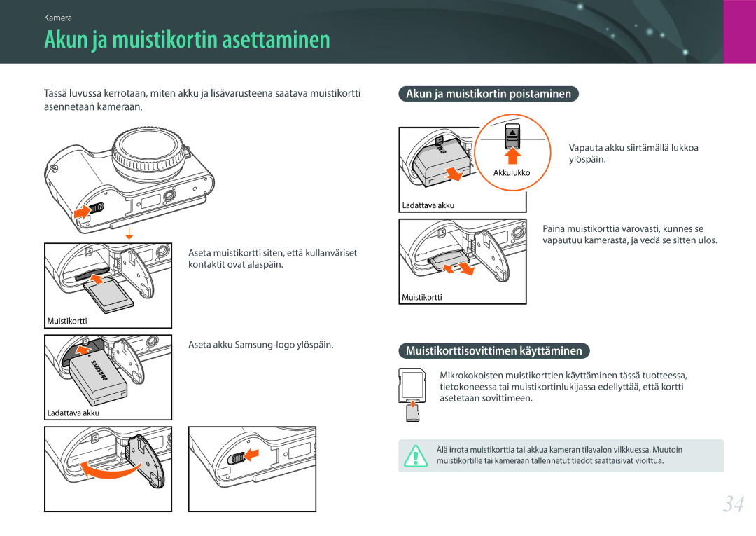 Samsung EV-NX300MBQUSE manual Akun ja muistikortin asettaminen, Muistikorttisovittimen käyttäminen, Asennetaan kameraan 