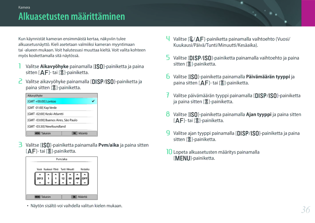 Samsung EV-NX300MBSTSE, EV-NX300MBSVSE, EV-NX300MBQUSE manual Alkuasetusten määrittäminen 