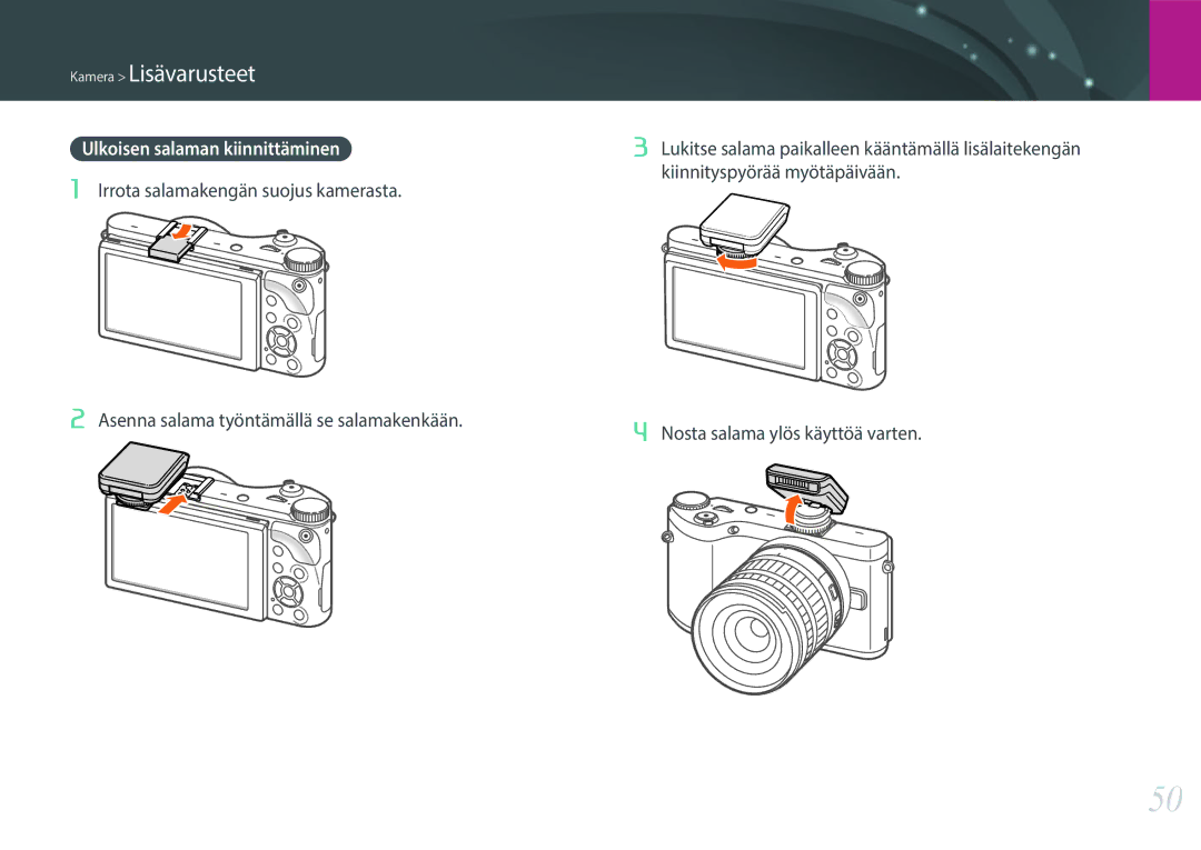 Samsung EV-NX300MBSVSE, EV-NX300MBSTSE, EV-NX300MBQUSE manual Kamera Lisävarusteet, Ulkoisen salaman kiinnittäminen 