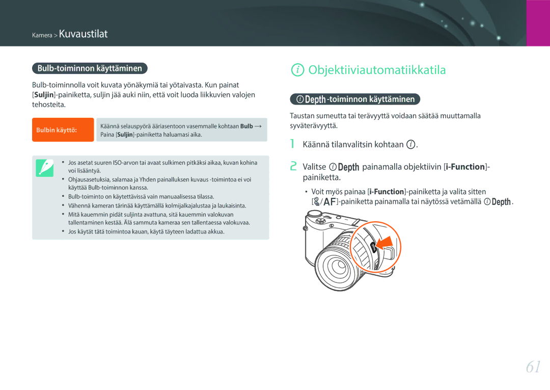Samsung EV-NX300MBQUSE manual Objektiiviautomatiikkatila, Bulb-toiminnon käyttäminen, Toiminnon käyttäminen, Tehosteita 