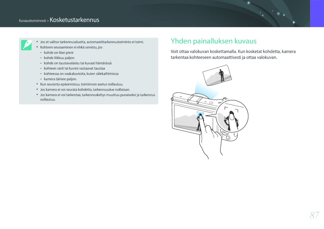 Samsung EV-NX300MBSTSE, EV-NX300MBSVSE, EV-NX300MBQUSE manual Yhden painalluksen kuvaus, Kuvaustoiminnot Kosketustarkennus 