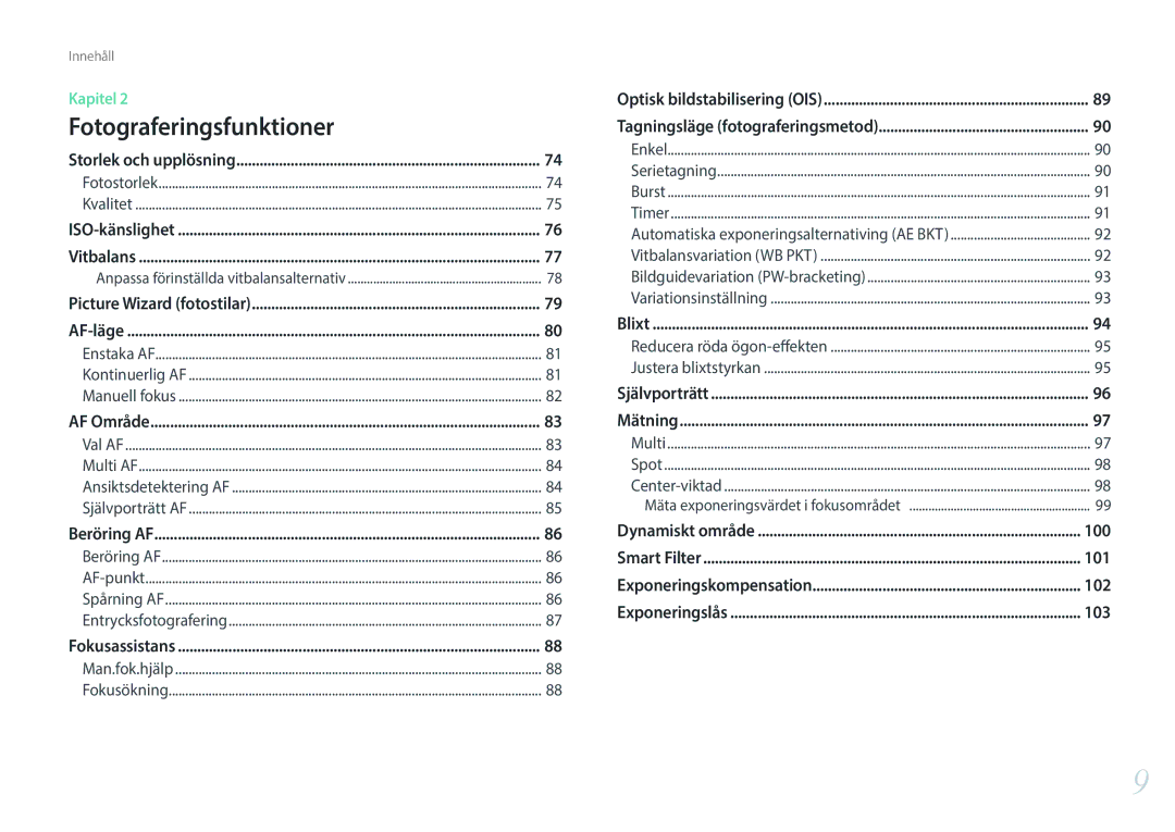 Samsung EV-NX300MBSTSE, EV-NX300MBSVSE, EV-NX300MBQUSE manual 100, 101, 102, 103 