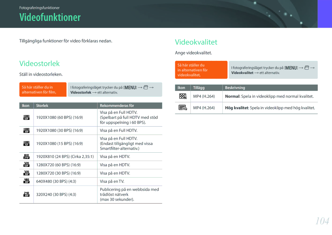 Samsung EV-NX300MBSVSE, EV-NX300MBSTSE, EV-NX300MBQUSE manual Videofunktioner, 104, Videostorlek, Videokvalitet 