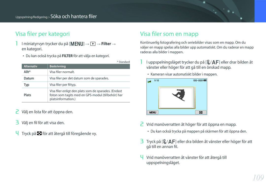 Samsung EV-NX300MBQUSE, EV-NX300MBSVSE, EV-NX300MBSTSE manual 109, Visa filer per kategori, Visa filer som en mapp 