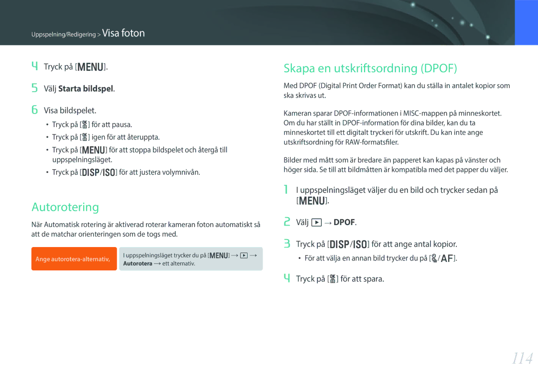Samsung EV-NX300MBSTSE, EV-NX300MBSVSE, EV-NX300MBQUSE manual 114, Autorotering, Skapa en utskriftsordning Dpof 